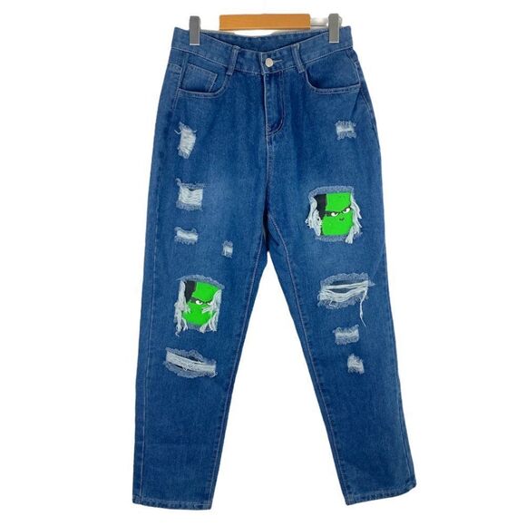 UNBRANDED WOMEN'S Medium Wash High Rise Destroyed Frankenstein Patch Jeans US M - Picture 1 of 11